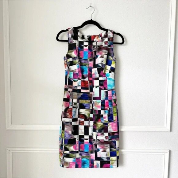 Milly Sheath Dress Cubist Print Midi Multicolor sz 0 - Picture 4 of 8